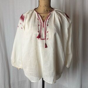 Vintage Boho Sheer Peasant Blouse Embroidered Black Red Women’s M READ
